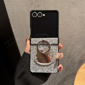 TEMU 휴대폰 케이스 - 삼성 Z Flip 7/6/5 폴더블 폰용 창의적인 글리터 실버 케이스, 풀 커버, 힌지, 링 홀더, 마그네틱 디자인 특징, 트렌디한 여성에게 적합