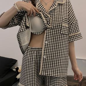 TEMU 캐주얼 블랙 앤 화이트 체크 무늬 여성용 파자마 세트, 일본풍 여학생 봄 여름 귀여운 스타일 셔츠 반팔 2026 신상