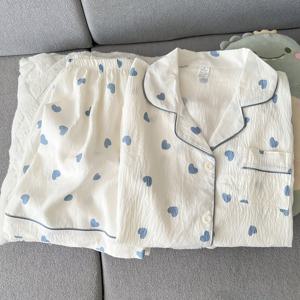 TEMU 여름 하트 프린트 여성 파자마 세트, 달콤한 패션 칼라 가디건 반팔 & 시원한 반바지 2피스 라운지웨어 세트