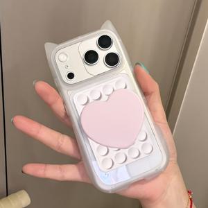 TEMU 귀여운 3D 흡입식 러브 하트 메이크업 거울 고양이 귀 무광 반투명 휴대폰 케이스, 아이폰 17 ProMax 17 Pro 16 Pro Max 16 Pro 15 14 13 Pro Max 15 13 17용 심플 패션 렌즈 보호 커버