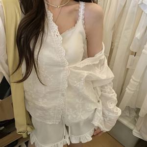 TEMU 여성 레이스 자수 블라우스 셔츠 루즈핏 시스루 가디건 여리여리한 체형커버 플라워 펀칭 남방 바캉스룩 데이트룩 페미닌 빈티지 화이트