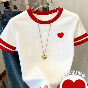 TEMU D345Q 원피스 봄 여름 여성 패션 반팔 티셔츠, 단색 하트 프린트, 미국 레트로, 데이트 외출 핫 검색 스타일 트렌디 다용도 봄 여름 연령 감소하는 피부톤 대비 슬리브 반팔-Lhs2475
