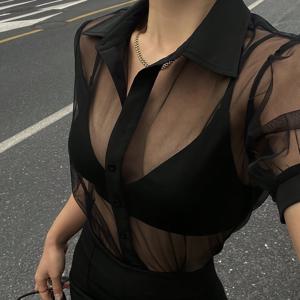 TEMU 메쉬 블라우스 시폰 반팔 셔츠 여성 비즈니스 캐주얼 아우터웨어 섹시 블라우스 패션 레이스 셔츠