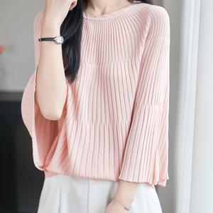 TEMU 여름용 얇은 배트윙 소매 원사이즈 스몰 여성 티셔츠 패션 레이스 라운드넥 단색 세로 미스플레이스 자카드 우아한 7소매 점프수트 와이드 마우스 슬리브 캐주얼 아우터 템퍼먼트 다재다능 아이스 섬유 원단 속건성