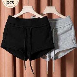 TEMU 여성용 하이웨이스트 드로스트링 캐주얼 반바지 2pcs - 봄/여름용 루즈 와이드 레그 반바지, 다용도 하이웨이스트 홈 & 아웃도어 웨어, 드로스트링 반바지, 출근 & 캐주얼 웨어, 2pcs 세트