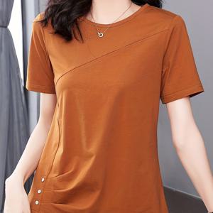TEMU 여성 솔리드 컬러 라운드넥 반팔 티셔츠, 디자인 센스 스플라이싱 사이드 버튼 탑, 여성 반팔 티셔츠, 여성 탑