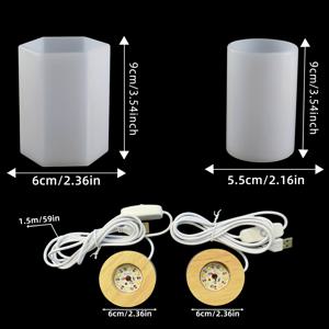 TEMU 4개 원통형 램프 레진 몰드 세트 (원통형 레진 몰드 2개, USB 전원식 나무 조명 받침대 브래킷 2개 포함), 데스크탑 장식 테이블 램프 테이블 촛불 홈 데코레이션용, 공예 레진 LED 램프 장식에 적합