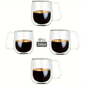 TEMU 4개 세트 - 250ml~350ml 이중벽 유리 커피컵, 투명 보온 유리 컵 핸들 포함, 라떼, 카푸치노, 티백, 핫/콜드 음료용 투명 유리 컵