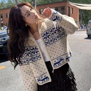 TEMU 자수 재킷, 한국 스타일의 우아한 눈꽃 자수 지퍼 가디건 - 편안한 아크릴 혼방, 긴소매, 가을 겨울 일본 여성 코트 탑으로 완벽