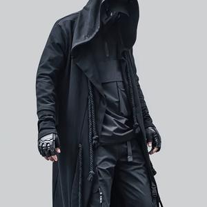 TEMU 남성용 스트리트 스타일 캐주얼 블랙 후드 케이프 코트 - 가벼운 통기성 폴리에스터, 장식용 로프 디테일, 루즈핏 롱 가디건 캐주얼 의상용