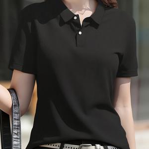 여성 솔리드 반팔 폴로 셔츠, 라펠 2버튼 플래킷 통기성 좋은 부드러운 원단 캐주얼 작업 상의, 다양한 색상