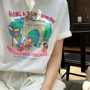 TEMU 여성용 봄/여름 블랙 크루넥 루즈핏 캐주얼 활용도 높은 미디 기장 귀여운 곰과 레터링 프린트 반팔 티셔츠