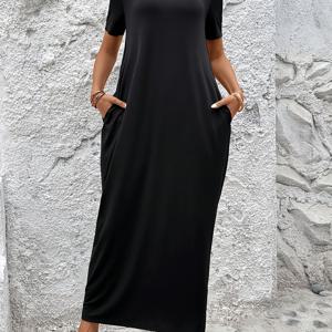 TEMU 신상 봄/여름/가을 여성용 단색 반팔 롱 원피스, 우아하고 패셔너블한 루즈핏 릴랙스 스타일 캐주얼 롱드레스