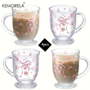 TEMU KEMORELA 2/4개 우아한 보우 유리 - 450ml, 재사용 가능, 커피, 우유, 주스에 적합 | 이상적인 가정 주방 추가품, 아침 식사, 기숙사 용품, 브런치 컵에 적합 | 플로럴 패턴 컵 | 내구성 좋은 유리