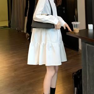 TEMU 프렌치 스타일 신상 봄/가을 한국식 베이비돌 원피ース 화이트 긴팔 셔츠 원피스 A라인 주름 단쇼트 스커트 원피에스