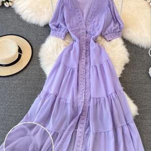 TEMU 디자인 감각이 돋보이는 레이스 쉬폰 드레스, 허리 슬림 디자인으로 휴가 및 데일리웨어에 적합