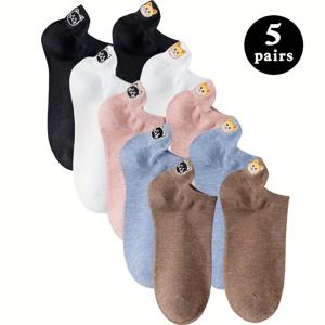 TEMU 귀여운 고양이 자수가 돋보이는 5켤레 여성용 노쇼우 양말, 로우컷 디자인, 부드럽고 편안하며 통기성 좋은 심플한 여성용 발목 양말