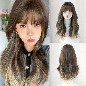 TEMU 루틴 가발 롱 루즈 컬리 옴브레 브라운 가발 여성용 데일리 파티용 150% 밀도 옴브레 베이지 앞머리 가발 내열성 인조 섬유 엘레강스 19.68인치