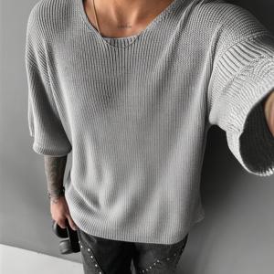 TEMU 신상 유럽 및 미국 스타일 남성 스웨터, 라운드 넥 드롭 숄더 반팔 풀오버 스웨터, 캐주얼 다용도 스트리트 단색 레이지 스타일 니트 풀오버