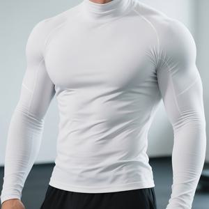 TEMU 남성용 퀵 드라이 스트레치 피트니스 셔츠 - 하이넥 긴소매 운동 상의, 따뜻하고 시원한 사계절용 타이트핏 짐 & 복싱 셔츠, 흡습성 운동복, 짐 웨어, 트레이닝 탑, 스포티룩, 신축성 있는 원단