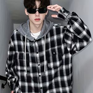TEMU 남성 선물, 남성 패션, 남성 캐주얼 남성 블랙 앤 화이트 체크 후드 셔츠 재킷, 클래식 블랙 앤 화이트 디자인, 데일리 캐주얼 클래식 트렌디 의상, 봄 여름 스타일