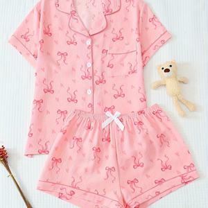 TEMU Spring/Summer Casual Women's 2pcs Loungewear Set with Heart Bow Print, Summer Pajama Set Featuring a Short-Sleeve Button-Up Cardigan Lapel Shirt and Bow Shorts