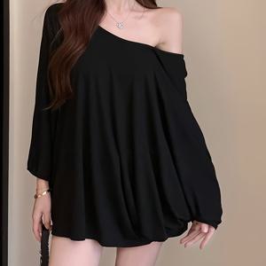 TEMU 1개 여성용 디자인 감각 얇은 오프숄더 배트윙 소매 루즈 키모노 스타일 긴팔 티셔츠, 가을 패션 탑 여성 의류