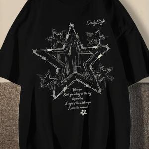 TEMU 남성 레트로 별과 십자 칼 프린트 티셔츠 - 블랙 반팔, 화이트 레트로 패턴, 캐주얼 테마 이벤트 상의 (손세탁 가능), 폴리에스터 섬유, 열전사