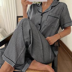 TEMU 여성 레귤러 핏 블랙 앤 화이트 바지 파자마 세트, 여성 버튼업 파자마, 여성 파자마
