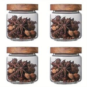 TEMU 4개 유리 보관 용기, 17 Oz, 주방 밀폐 식품 보관 캔, 대나무 뚜껑 포함, 투명 유리 용기, 쌓을 수 있는 원형 향신료 용기, 주방 창의적인 장식 병, 주방 조미료, 커피 원두, 차, 설탕, 허브에 적합