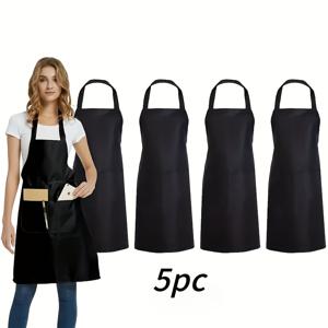 TEMU 조절식 주머니 앞치마 5개 세트 - 고품질, 요리, 셰프, 서버, 바베큐, 미용사용으로 편안함 - 세척이 쉬운 고강도 폴리에스터, 기계 세탁 가능, 조절식 허리 및 가슴 주머니 포함, 블랙 주방용 앞치마 벌크