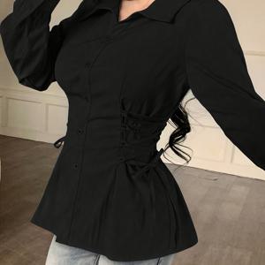 TEMU 여성용 솔리드 컬러 긴팔 싱글 브레스트 레이스업 벨트 패션 셔츠