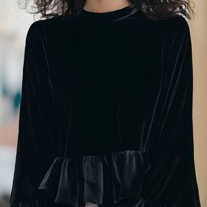 TEMU 새로운 통근복 블랙 벨벳 플레어 슬리브 벨벳 풀오버 탑 + YTD 체리