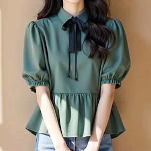 TEMU 여성 리본타이 퍼프소매 블라우스 반팔 페플럼 셔츠 체형커버 날씬해보이는 오피스룩 하객룩 데이트룩 격식룩 러블리 페미닌 그린