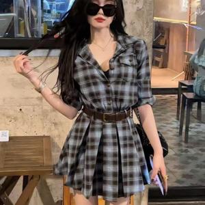 TEMU 봄, 여름, 가을 신상 레트로 체크 긴팔 셔츠 원피스 여성 허리 슬림 A라인 숏 스커트