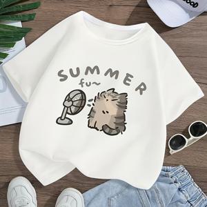 TEMU 여아용 화이트 아기 고양이 프린트 편안하고 스타일리시한 아웃도어 스포츠 캐주얼 여름 신상 스트레이트핏 반팔 상의