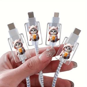 TEMU 고양이 테마 케이블 정리 세트 10개, Apple IOS 휴대폰 충전 케이블용, 끊어짐 방지 케이블 클립 및 보호 슬리브, 귀여운 고양이 케이블 보호대