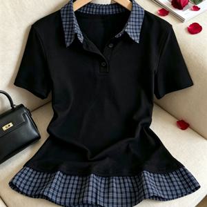 TEMU 여성용 반팔 셔츠, 여름 한국 스타일 체크무늬 패치워크, 달콤하고 시원한 2-in-1 룩, 허리 슬림핏, 나이 감红色, 일상 출퇴근용 활용도 높은 피티 티셔츠, 트렌디한 아카데믹 스타일 체크무늬 상의