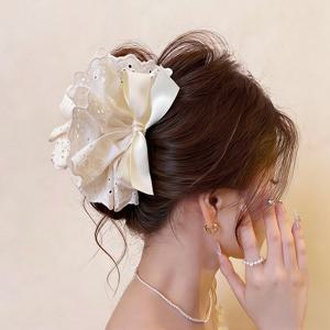 TEMU 1개 신상 자수 패브릭 레이스 리본 헤어 클립, 여성 패션 자수 패브릭 레이스 대형 헤어 번 헤어 클립, 미끄럼 방지 상어 클립, 데일리 및 휴일 파티 착용에 적합, 여성 패션 헤어 액세서리