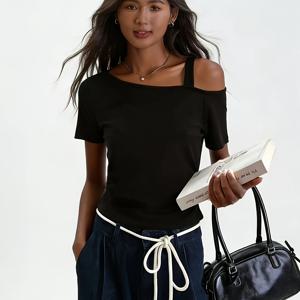 TEMU 여성용 핫 스타일 한면 오프숄더 티셔츠 여름 신상 슬림핏 반팔 단색 이지 탑