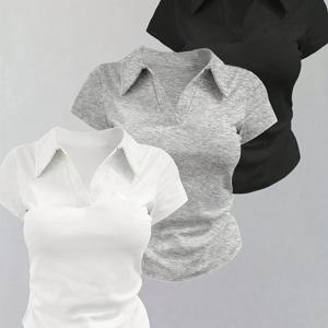 TEMU 3Pcs 세트 봄/여름 여성용 반팔 티셔츠 상의 - 단색 폴로 칼라 슬림핏 캐주얼 패션 베이스 셔츠, 탄성 있는 원단, 세탁기 사용 가능, 사계절용 다용도 기본 티셔츠, 캐주얼 웨어 및 레이어링에 적합