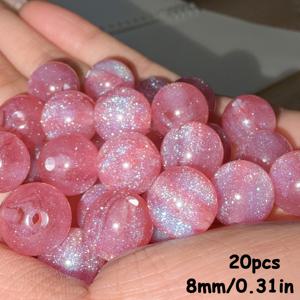 TEMU BEADIA 8mm 딥핑크 글리터 비즈 20개, DIY 주얼리 제작용, 팔찌, 목걸이, 헤어용 글리터 파우더가 들어간 반짝이는 플라스틱 비즈 - 공예용 딥핑크 스파클 비즈