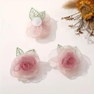 TEMU 3개 세트 수제 핑크 투명 메쉬 장미 자수 스티커 (잎사귀 포함) - 3D 플로럴 장식, DIY 공예, 헤어클립, 웨딩 데코레이션에 적합 - 공예가와 DIY 애호가를 위한 완벽한 선물, 부케 액세서리