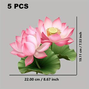 TEMU 연꽃과 수련 디자인의 다림질 스티커 5개 팩입니다. 이 열전사 데칼은 정교하게 디자인되어 손 또는 세탁기로 세탁할 수 있으며 의류, 스웨트셔츠, 티셔츠, 청바지, 스웨터, 토트백에 적합합니다.