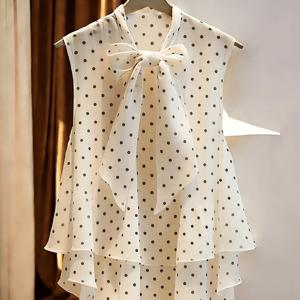 TEMU 여성용 폴카 도트 프린트 블라우스, 보타이넥 칼라, 러플 밑단, 민소매, 펄 시폰, 어머니의 날 의류, 데일리 캐주얼, 휴가, 통근용으로 적합