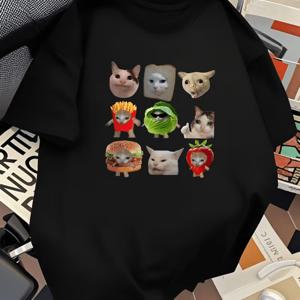 TEMU 고양이 디자인 남성 티셔츠 - 발랄한 스타일, 편안하고 통기성 좋음, 폴리에스터 소재, 라운드넥, 반팔, 캐주얼 여름 상의