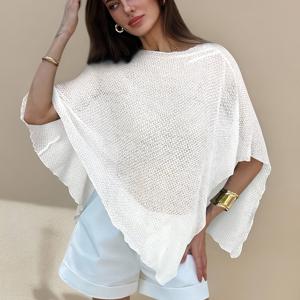 TEMU 새로운 패셔너블 살구색 다용도 자카드 홀아웃 원피스 홀터넥 숄 칼라 멀티웨어 휴가 스타일 가벼운 커버업 숄 탑