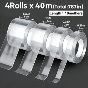TEMU 강력한 나노 양면 테이프 4롤, 높은 접착력, 총 길이 40미터 - 카펫, 태피스트리, 벽지, 풍선 등에 적합, 일상 사무실 수리용품 양면 테이프, 1cm, 2cm, 3cm, 5cm 사이즈, 주택 리노베이션용, 다기능 고정, 다용도 테이프, 재사용 가능, 다양한 상황을 위한 다중 사양