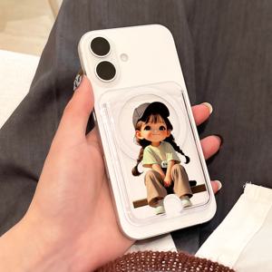 TEMU 귀여운 소녀 패턴 강력 자석 카드 홀더, 스타일리시하고 내구성 있는 PC 소재. 삼성 및 아이폰 등 자석 폰/케이스 호환 가능. 은행카드, 신용카드, 멤버십 카드 1~4장 수납
