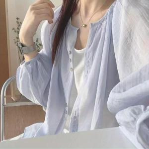 TEMU 여성 시폰 시스루 블라우스 셔츠 루즈핏 가디건 노카라 라운드넥 여름 자외선차단 퍼프소매 꾸안꾸 바캉스룩 레이어드